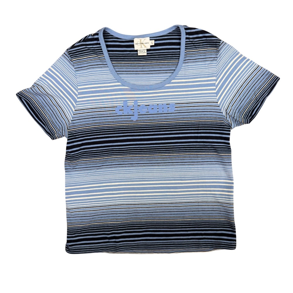 Vintage 90s Y2k Grunge Calvin Klein CK
Jeans Logo Blue Stripe Baby Tee T Shirt L